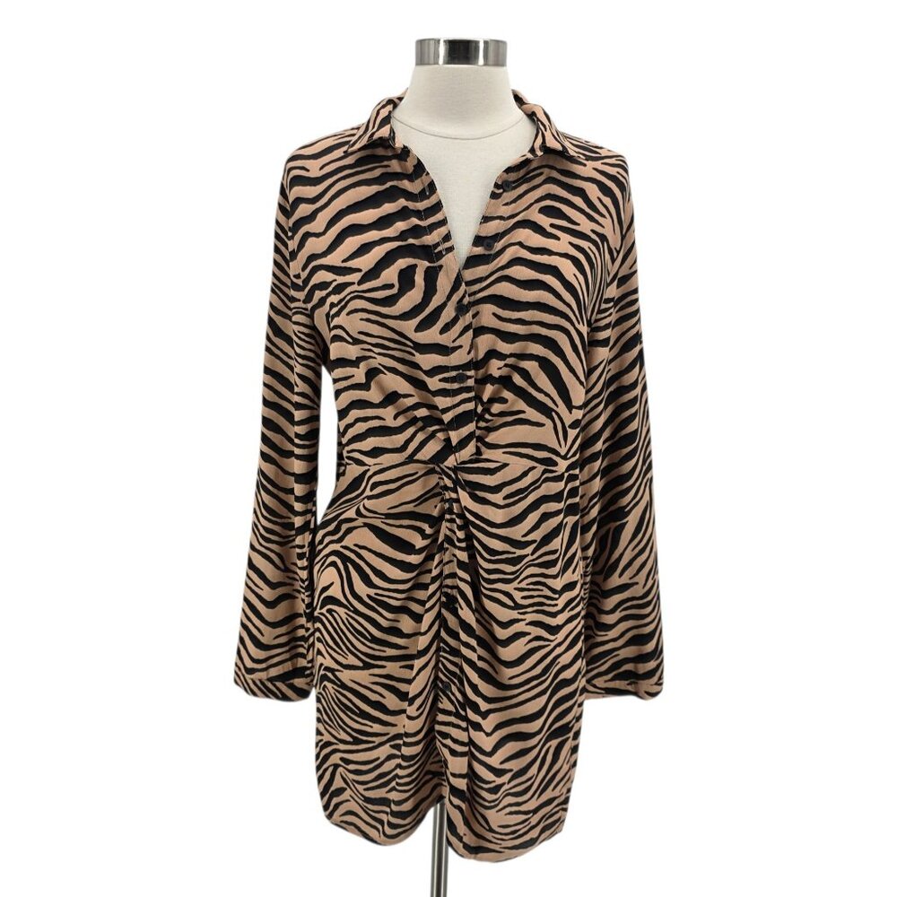 VICI Womens Medium Dress Animal Print Zebra Tan Black Button Mini Shirt Dress
